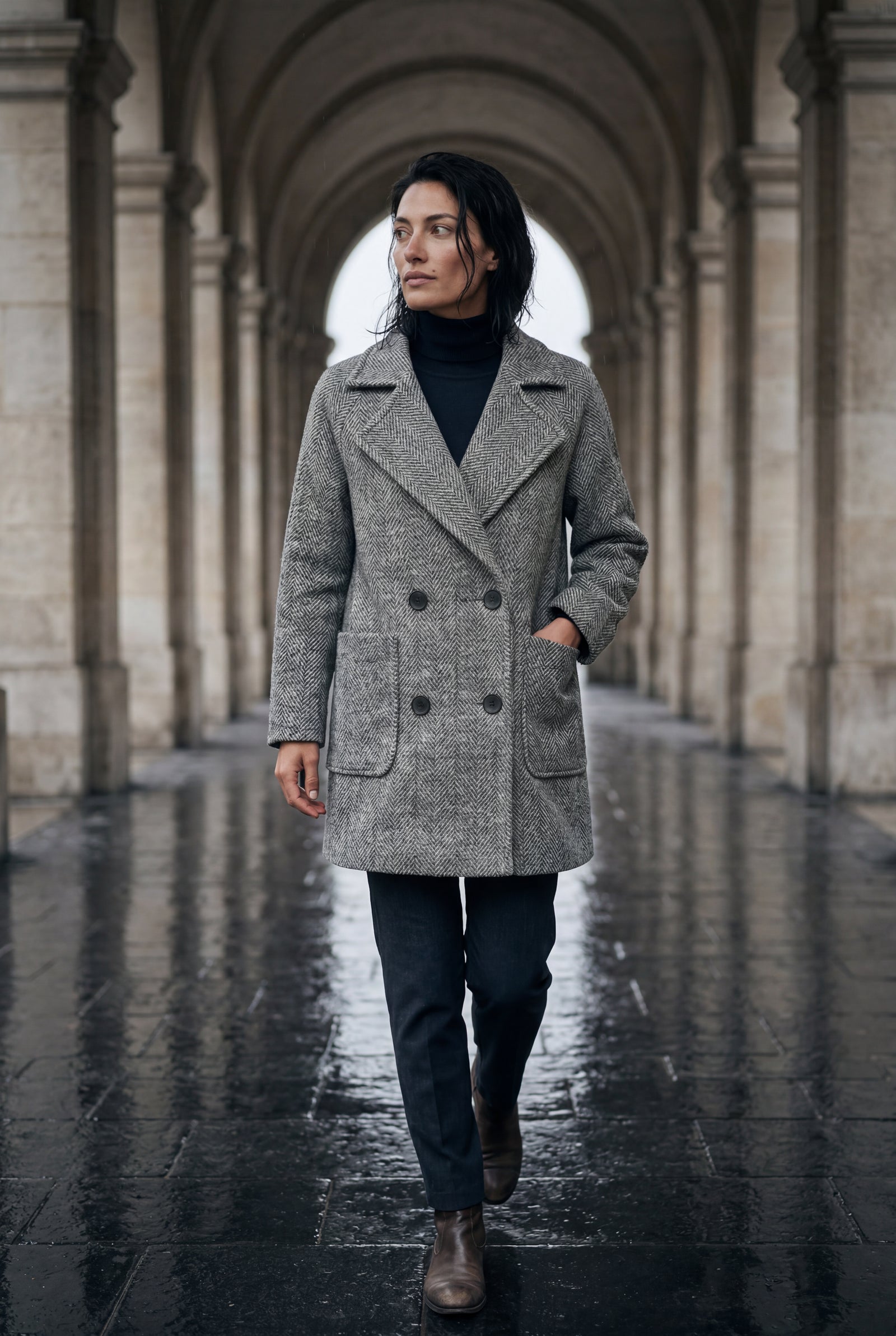 Gray Grey Herringbone Double-breasted Tailored Coat - Tailored coats - Photo 4
