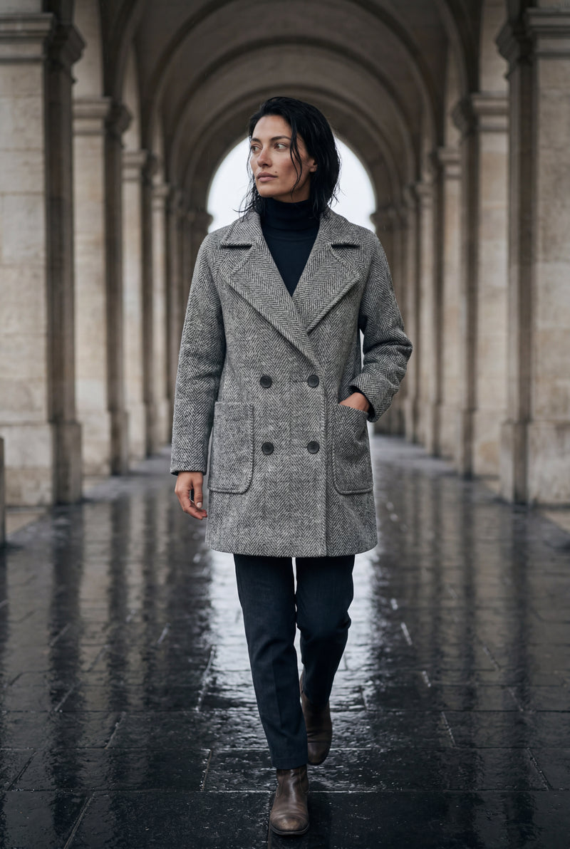 Gray Grey Herringbone Double-breasted Tailored Coat - Tailored coats - Photo 4