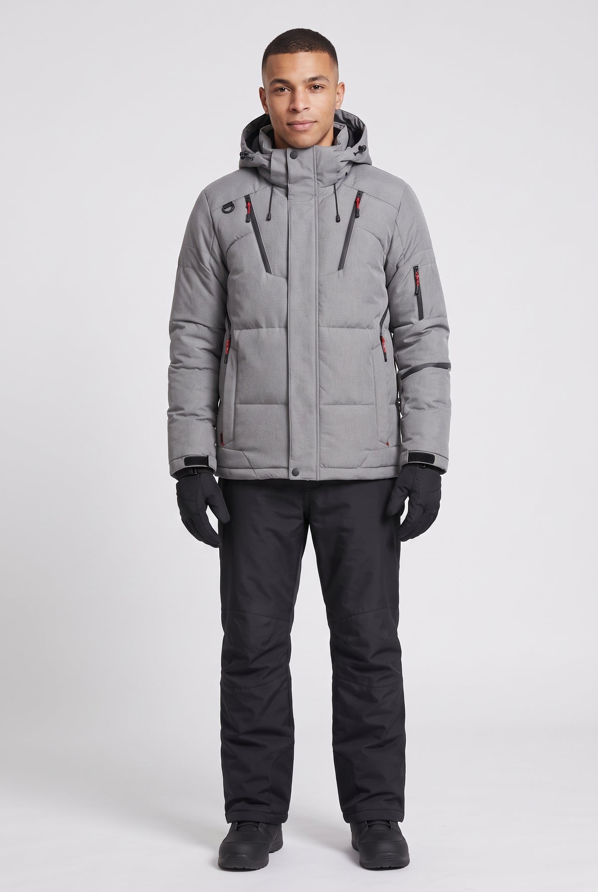 Hooded Ski Jacket and Trousers Set in Gray — studio front