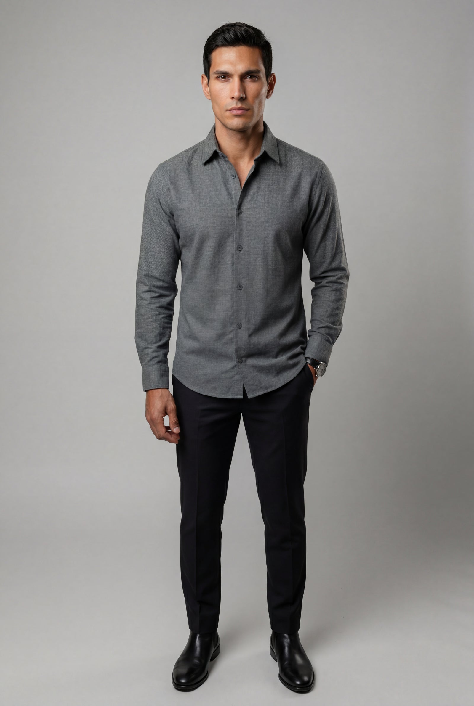 Gray Lightweight Textured Regular Fit Long Sleeve Shirt - Casual Shirts - Photo 5