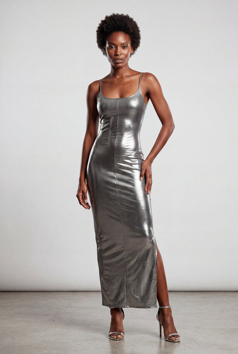 Gray Liquid Metallic Bodycon Maxi Dress with Cami Straps - Bodycon dress - Photo 2