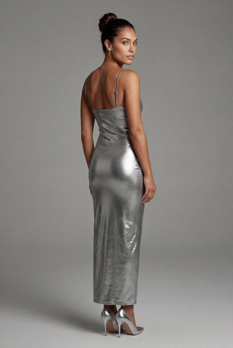 Gray Liquid Metallic Bodycon Maxi Dress with Cami Straps - Bodycon dress - Photo 3
