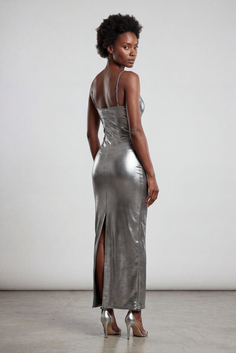 Gray Liquid Metallic Bodycon Maxi Dress with Cami Straps - Bodycon dress - Photo 4