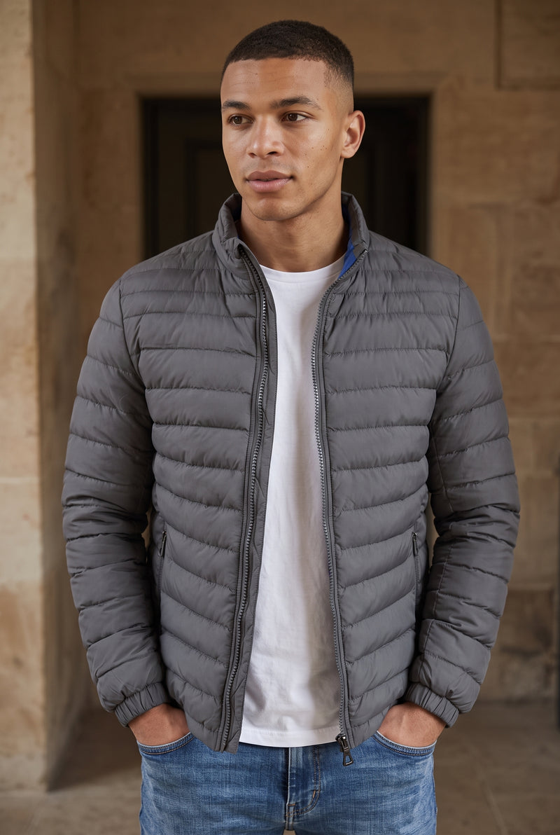 Quilted Puffer Jacket in Gray — studio front