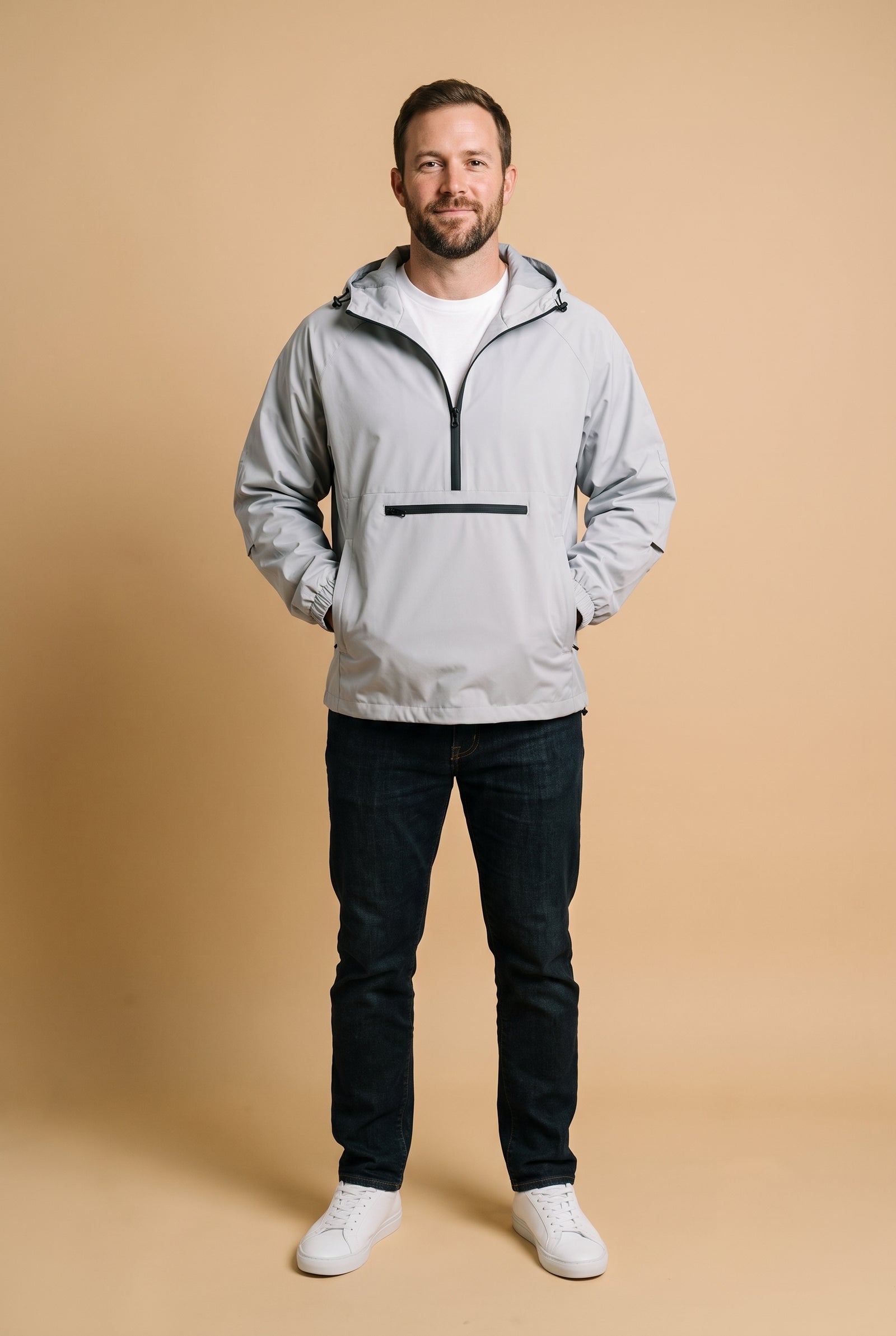 Men's Rain Jacket Hooded Waterproof in Gray — studio shot