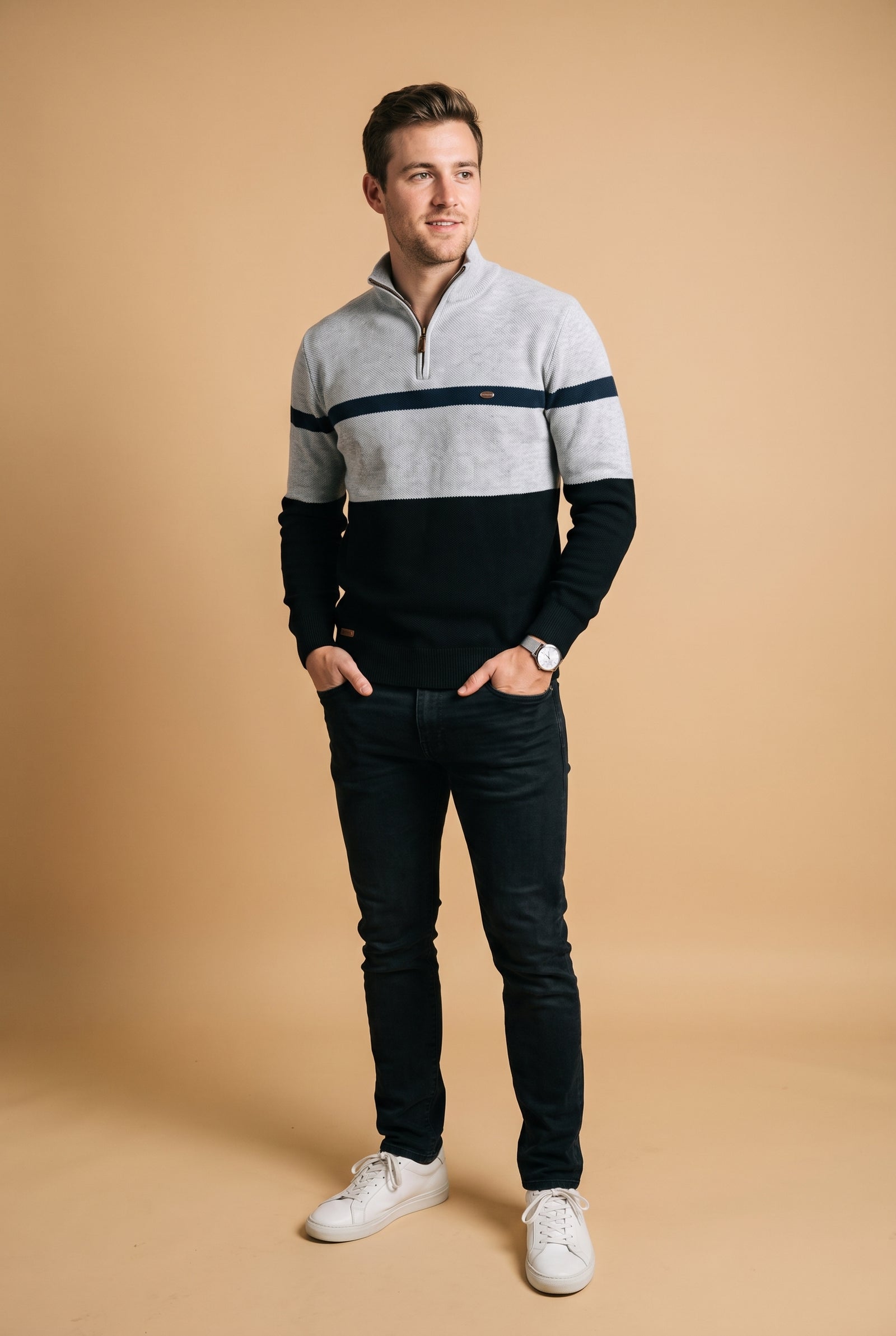 Men's Sweater Half-Zip Colorblock in Gray — studio