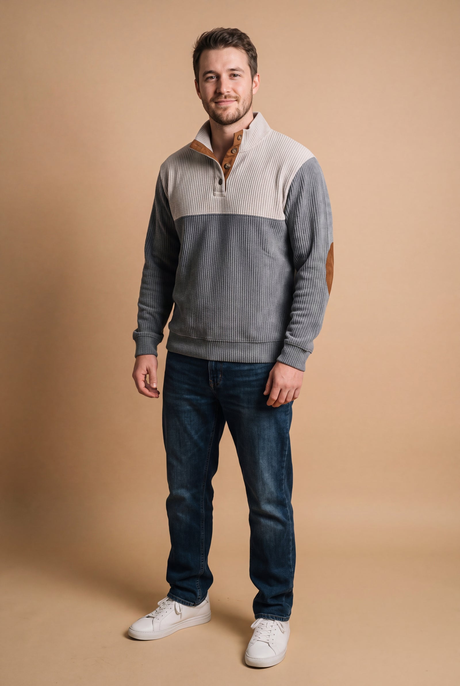 Men's Sweater Stand Collar Two-Tone in Gray — studio front