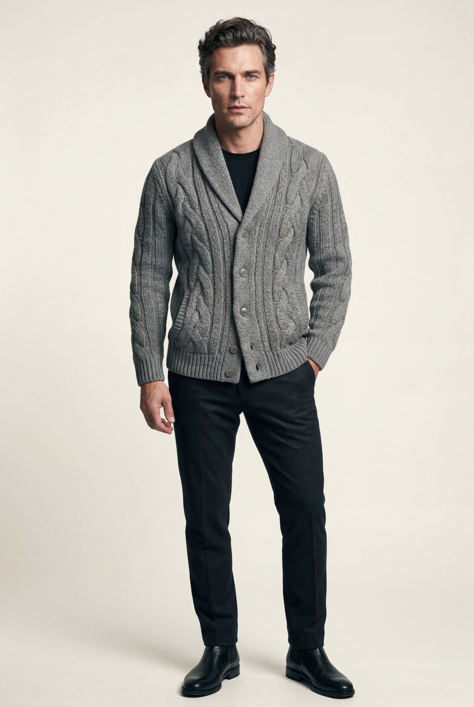 Gray Men's Chunky Cable Shawl Collar Cardigan - Photo 9