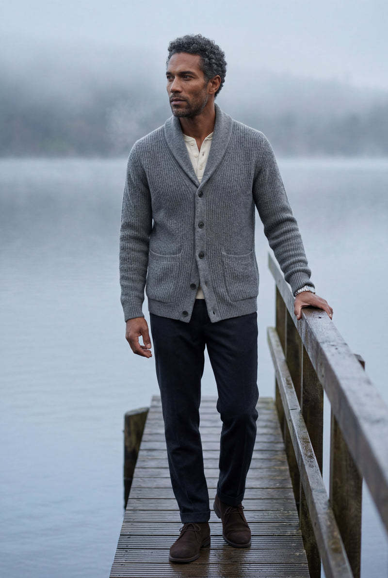 Gray Men's Ribbed Shawl Collar Button-Up Cardigan Grey - Photo 4