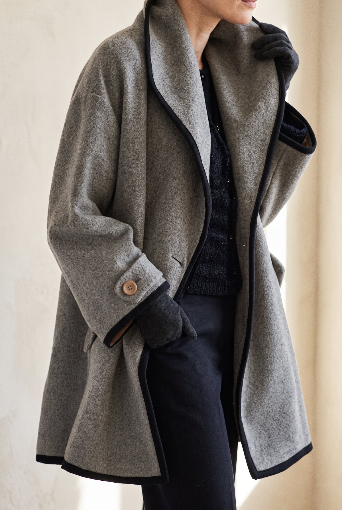 Open-Front Wool Coat in Gray — studio front