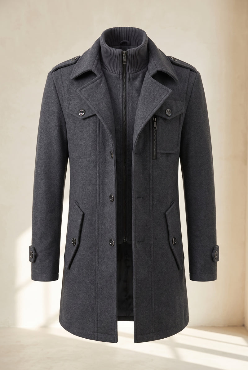 Overcoat with Knit Collar in Gray — studio front