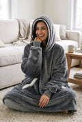 Oversized Fleece Blanket Hoodie in Gray — studio front