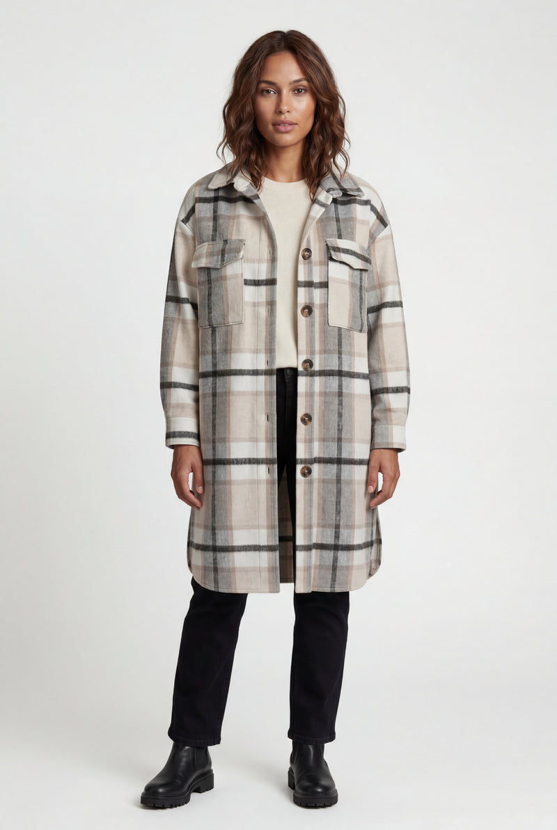 Gray Oversized Plaid Shirt Coat with Patch Pockets - Photo 1