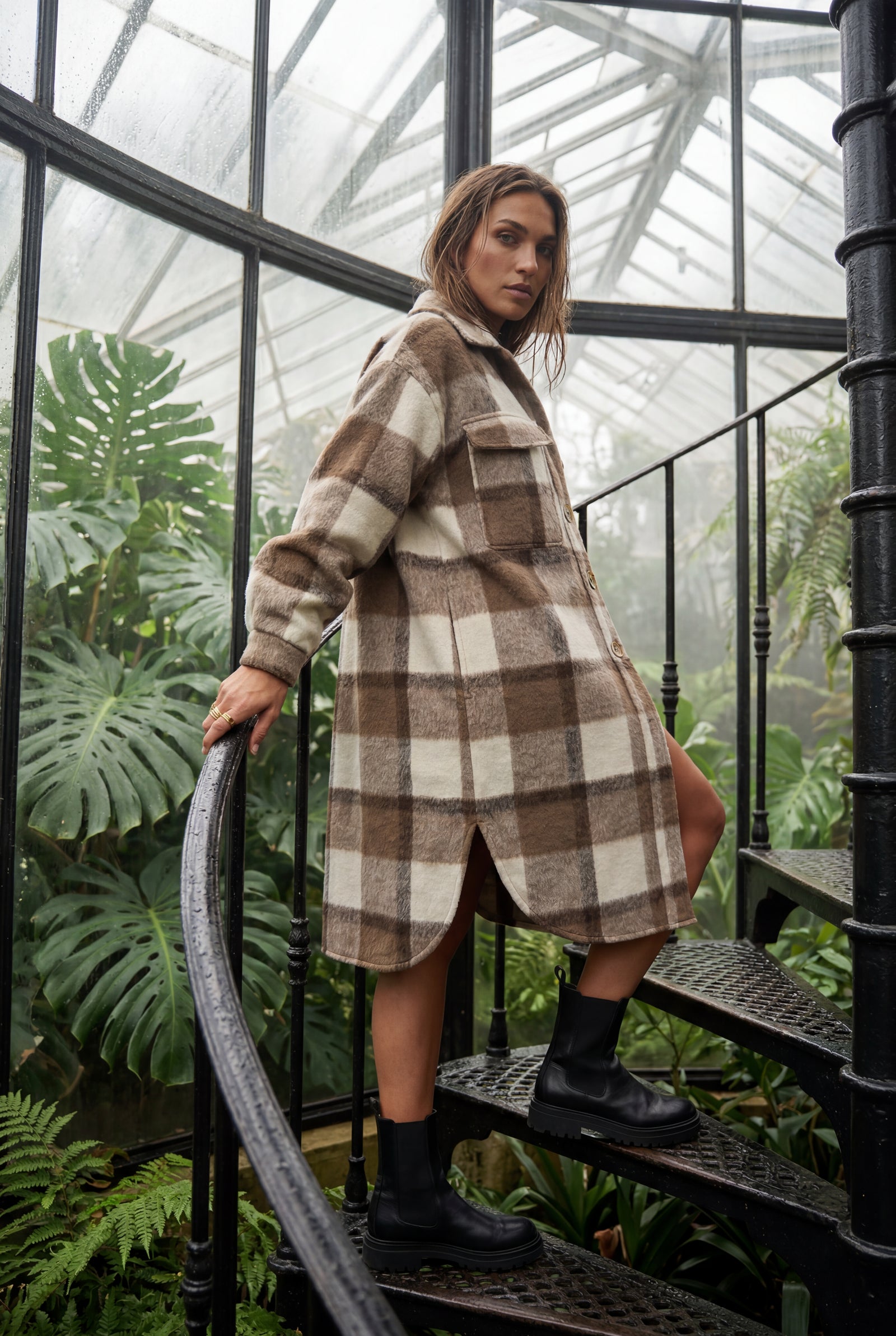 Brown Oversized Plaid Shirt Coat with Patch Pockets - Photo 10