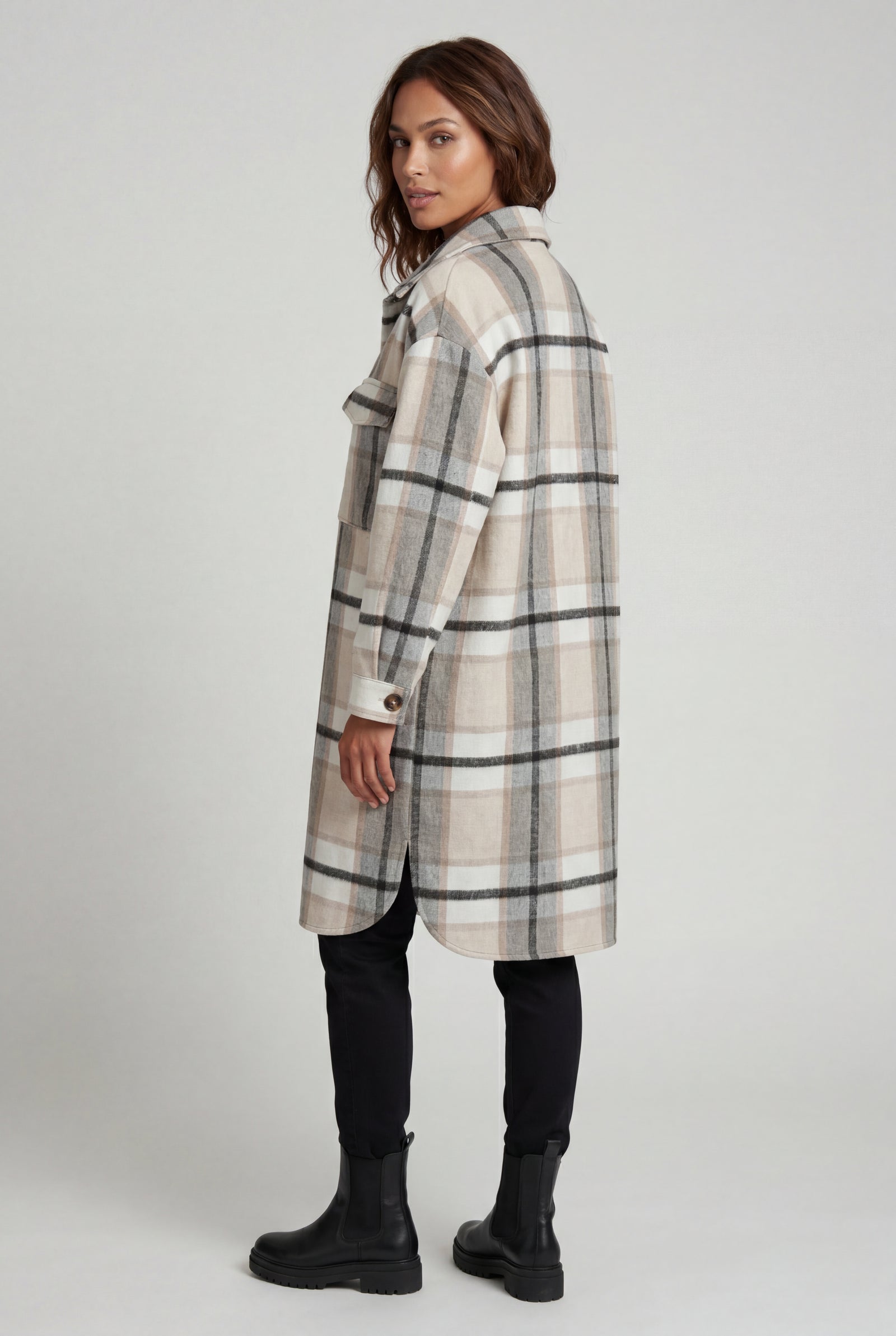 Gray Oversized Plaid Shirt Coat with Patch Pockets - Photo 3
