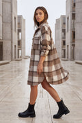 Brown Oversized Plaid Shirt Coat with Patch Pockets - Photo 4