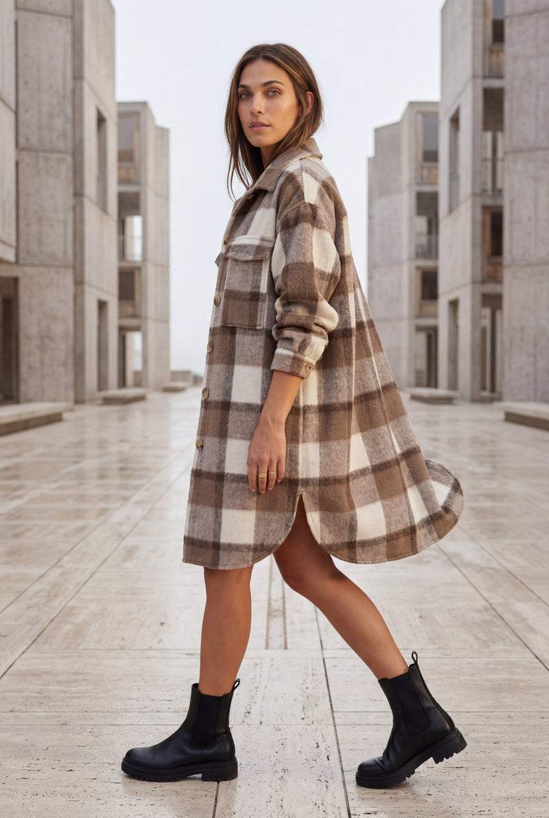 Brown Oversized Plaid Shirt Coat with Patch Pockets - Photo 4