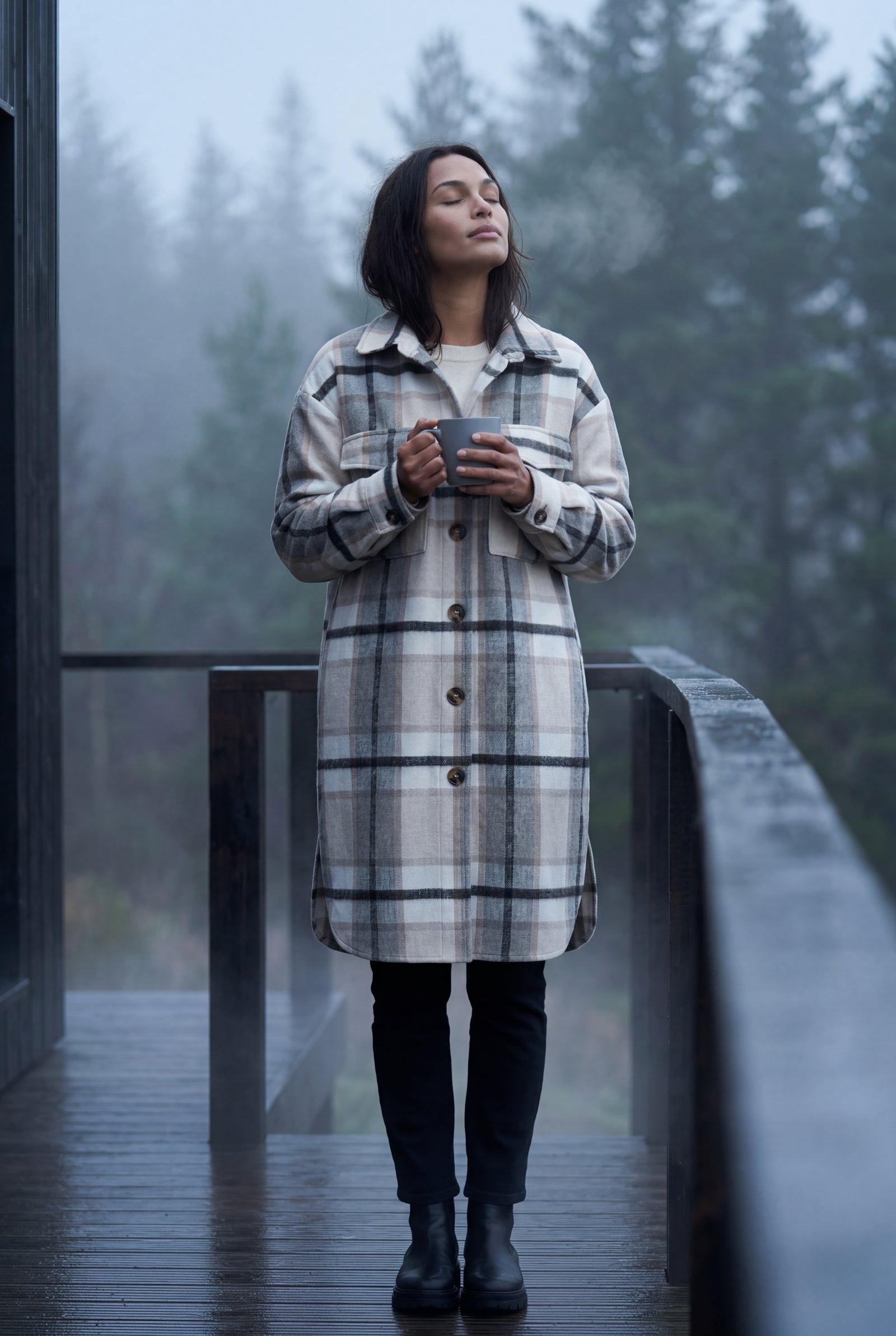 Gray Oversized Plaid Shirt Coat with Patch Pockets - Photo 6