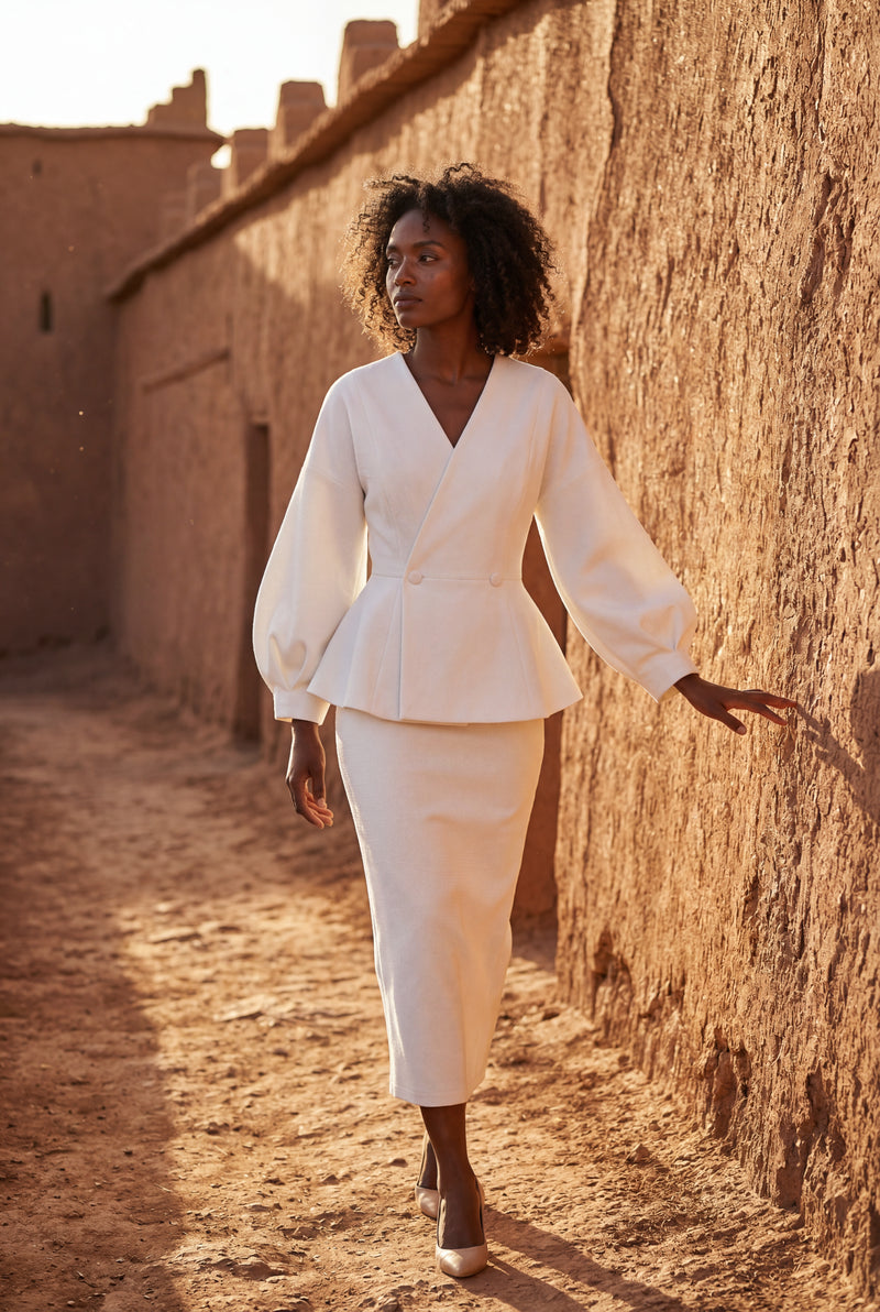 White Peplum Blazer and Long Pencil Skirt Set with Balloon Sleeves - Skirt suits - Photo 3