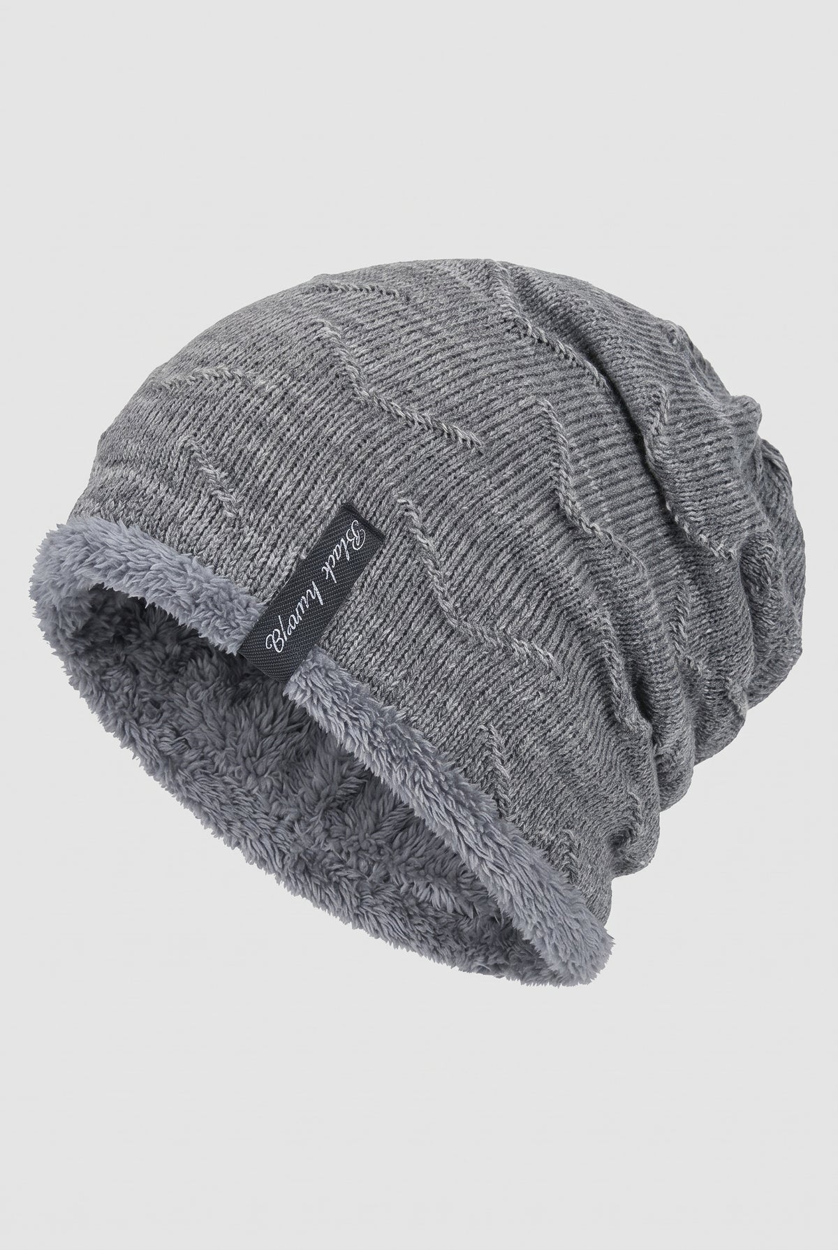 Plush-Lined Slouchy Beanie in Gray — studio front