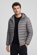 Polyester Hooded Puffer Jacket in Gray — studio front