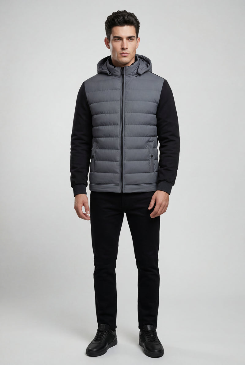 Gray Quilted Hybrid Puffer Jacket with Sleeves and Hood - Photo 3