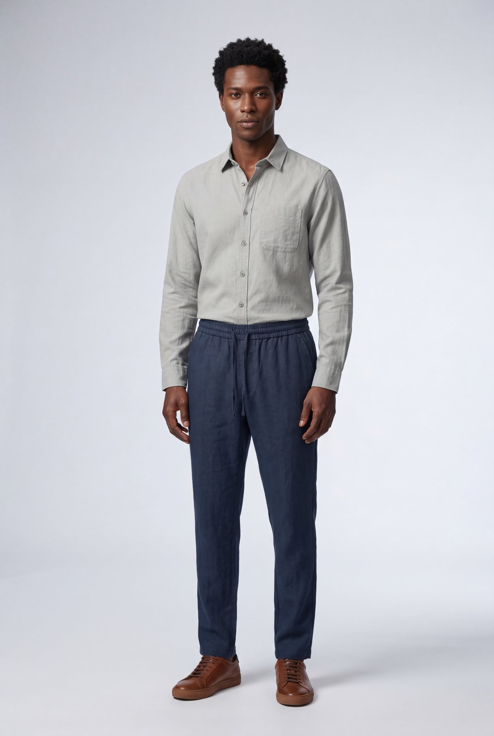 Gray Relaxed Button-down Shirt and Drawstring Trouser Set - Shirt set - Photo 11