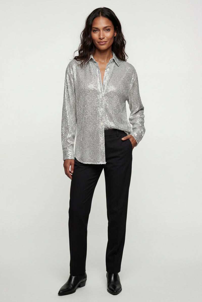 Gray Relaxed Button-up Blouse with Classic Collar - Sequin blouses - Photo 1