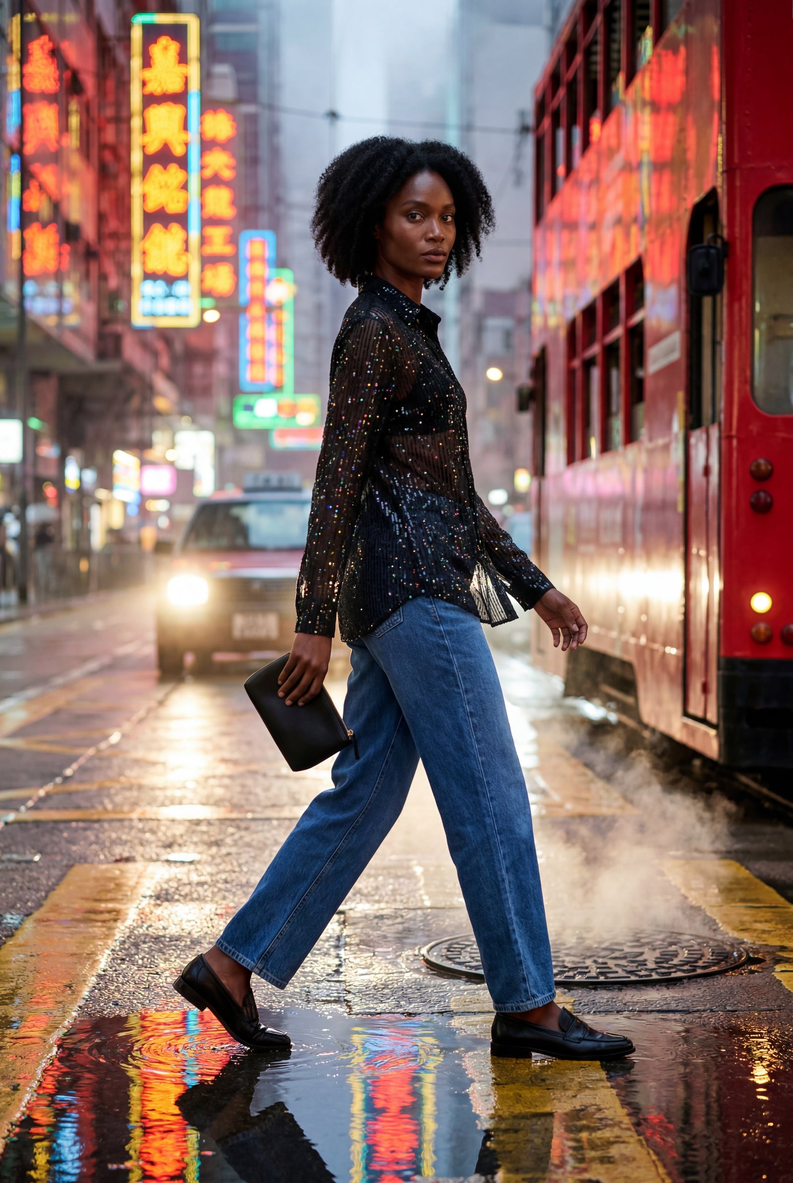 Black Relaxed Button-up Blouse with Classic Collar - Sequin blouses - Photo 11