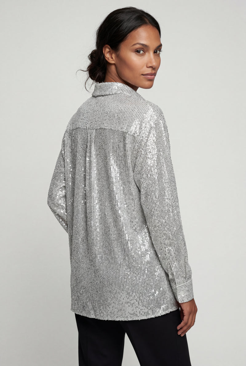 Gray Relaxed Button-up Blouse with Classic Collar - Sequin blouses - Photo 3