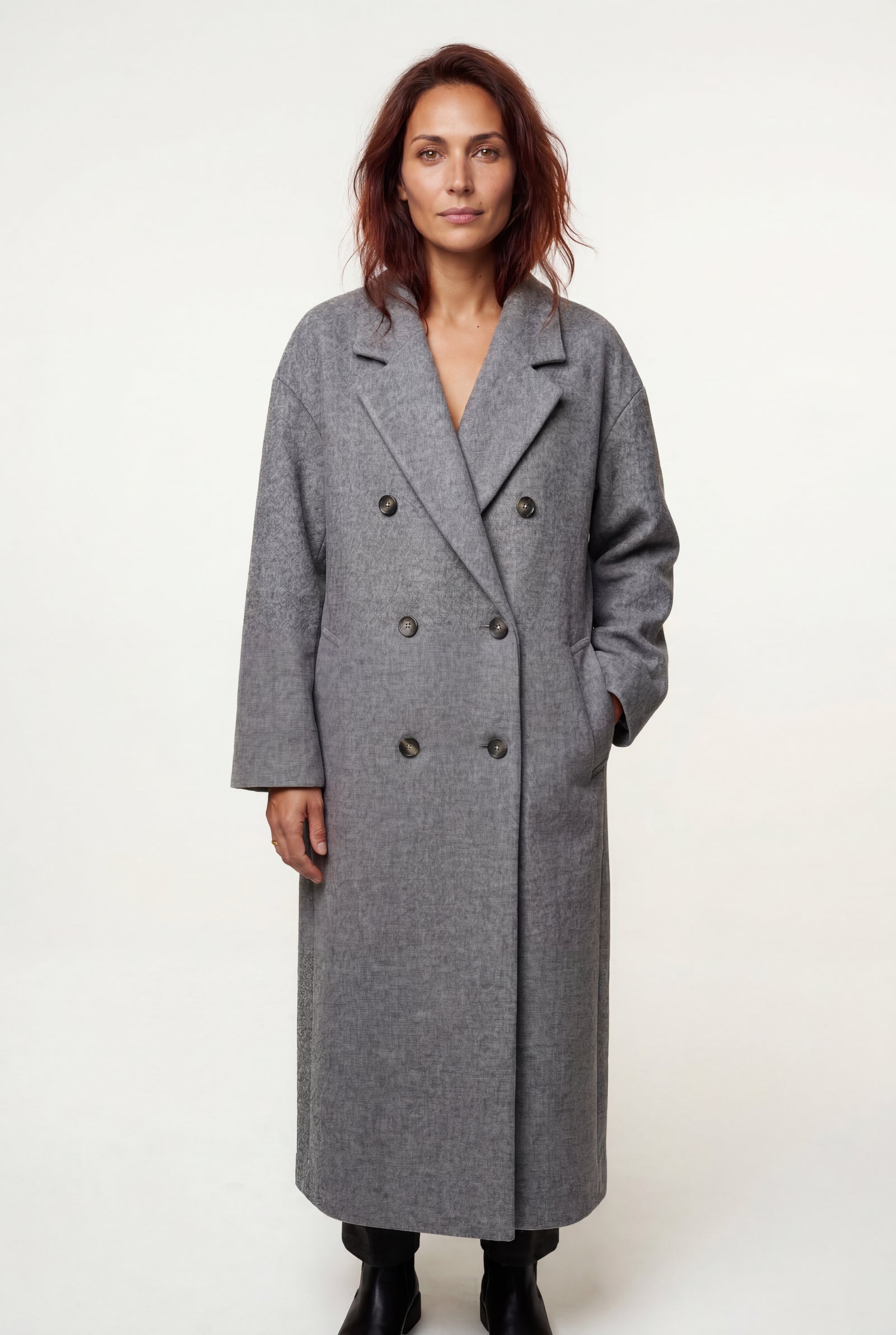 Gray Relaxed Straight Double-breasted Long Winter Coat - Long wool coats - Photo 13