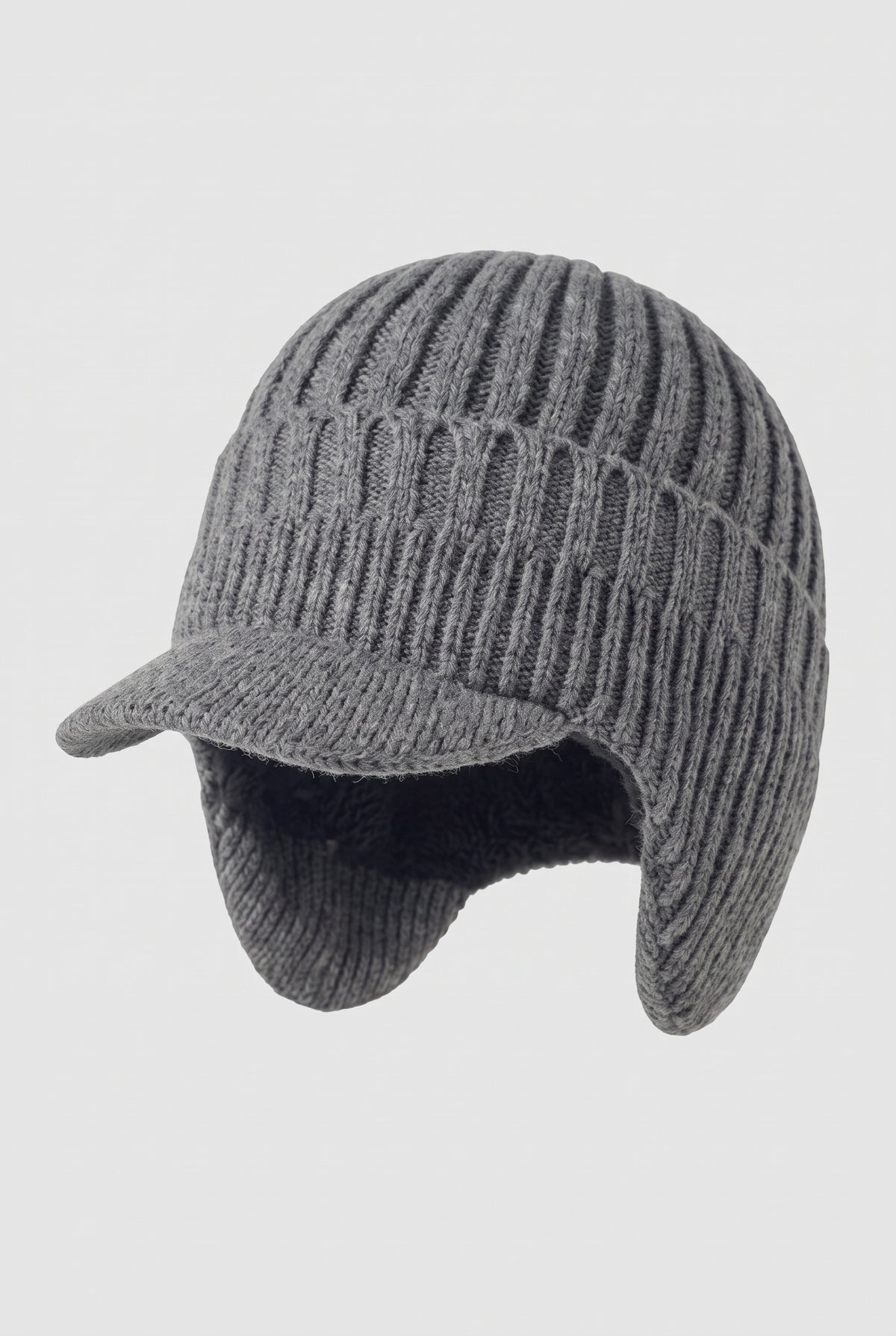 Rib Knit Earflap Beanie in Gray — studio front