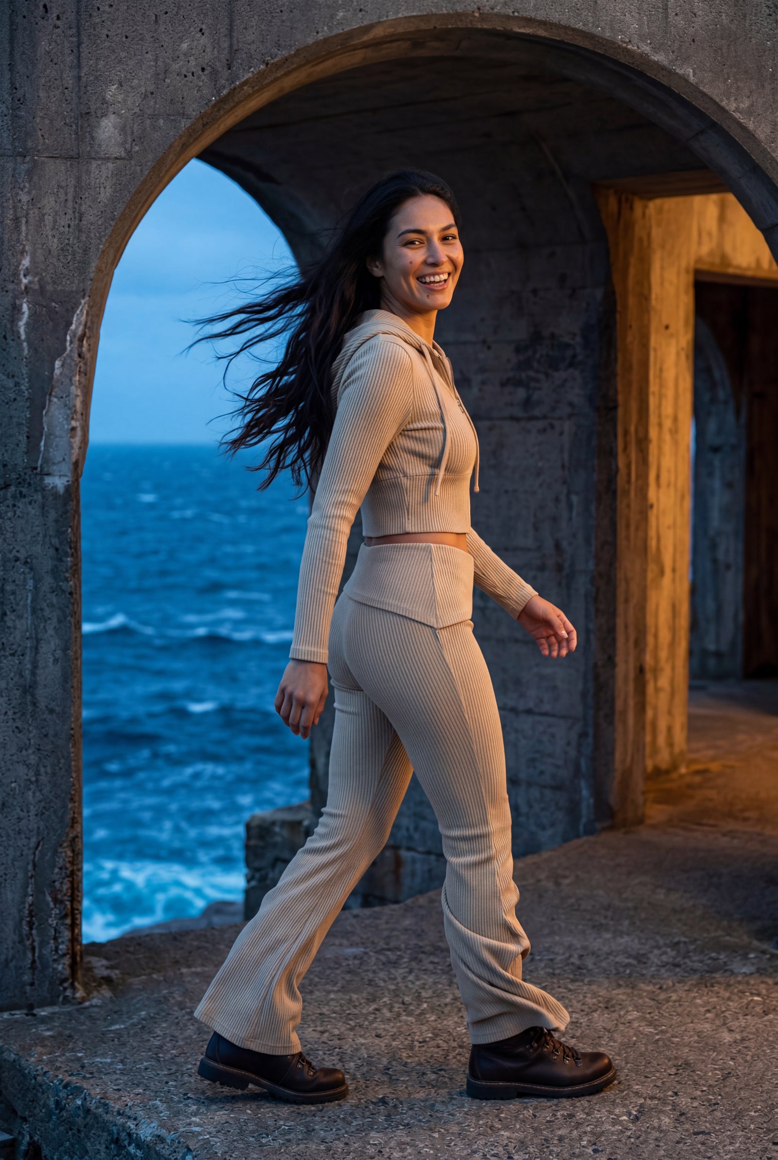 Beige Ribbed Cropped Hoodie and Flared Pants Set - Cropped set - Photo 6