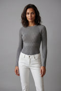 Gray Ribbed Fitted Crew Neck Long Sleeve Top - Fitted tops - Photo 2