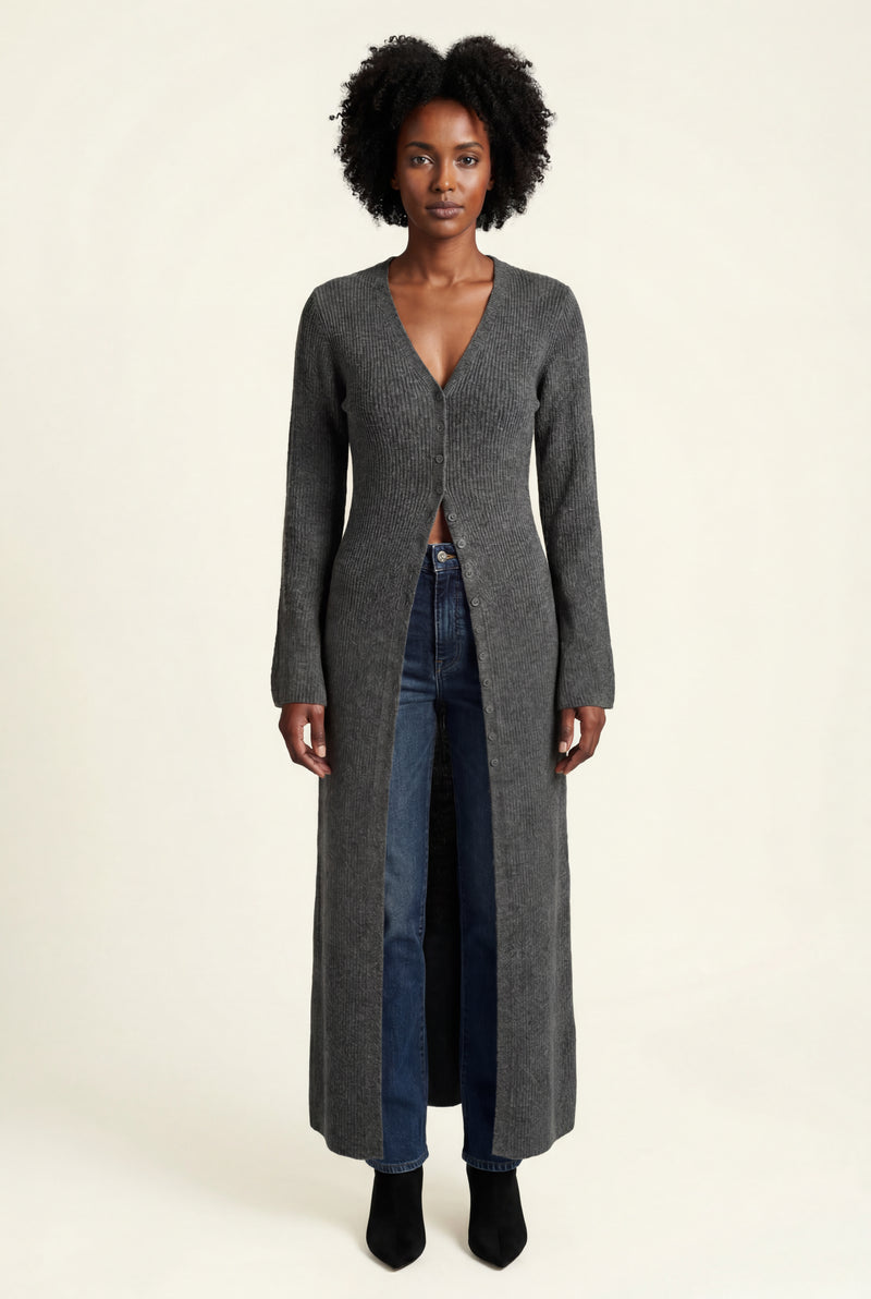 Gray Ribbed Maxi Cardigan with Flared Sleeves - Photo 2