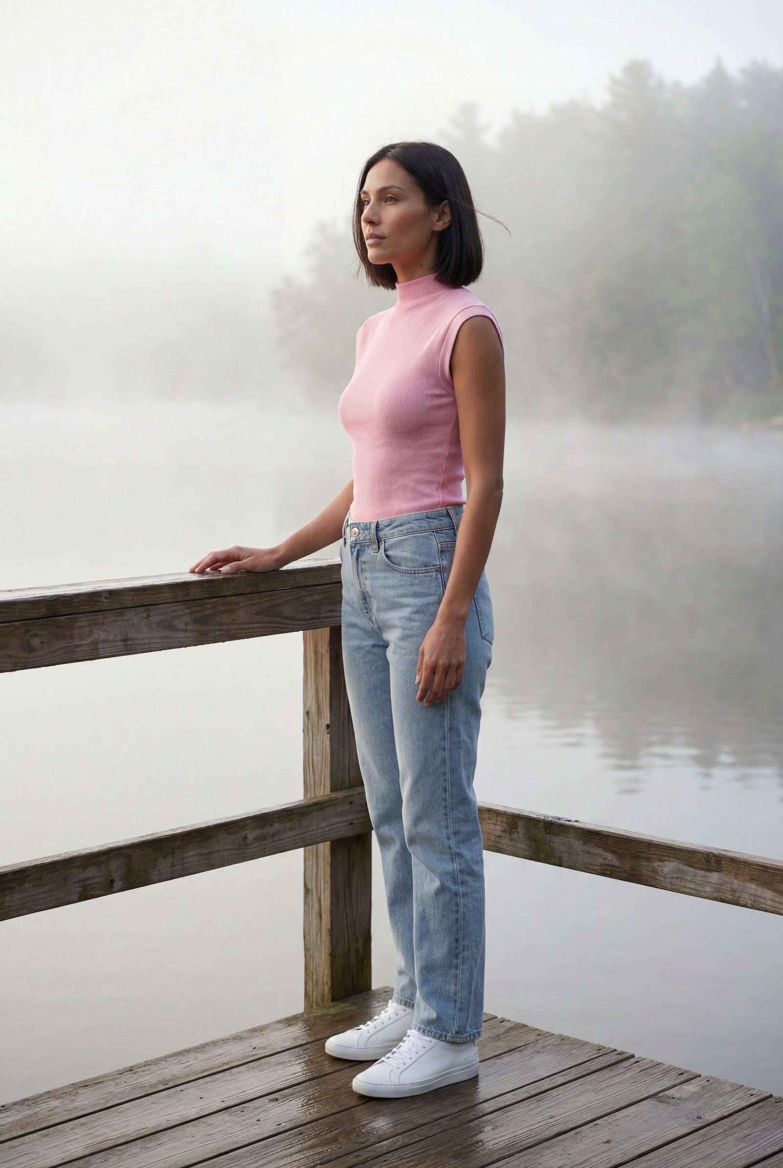 Pink Ribbed Mock Neck Sleeveless Top with Curved Hem - Mock neck tops - Photo 11