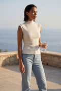 White Ribbed Mock Neck Sleeveless Top with Curved Hem - Mock neck tops - Photo 16