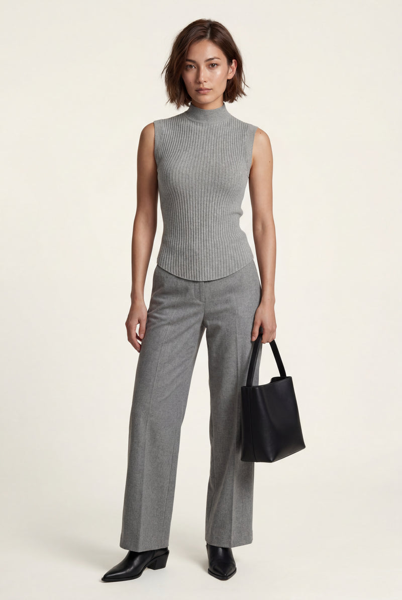 Gray Ribbed Mock Neck Sleeveless Top with Curved Hem - Mock neck tops - Photo 2