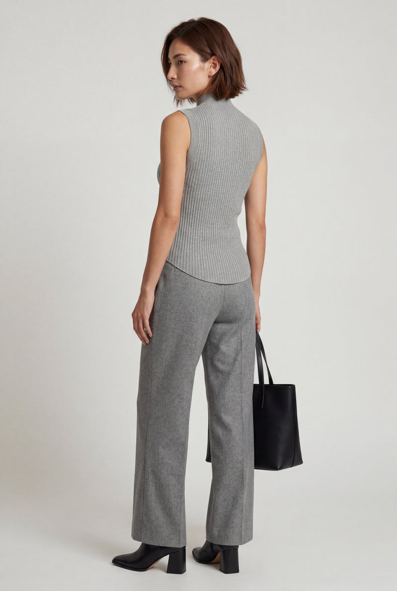 Gray Ribbed Mock Neck Sleeveless Top with Curved Hem - Mock neck tops - Photo 4