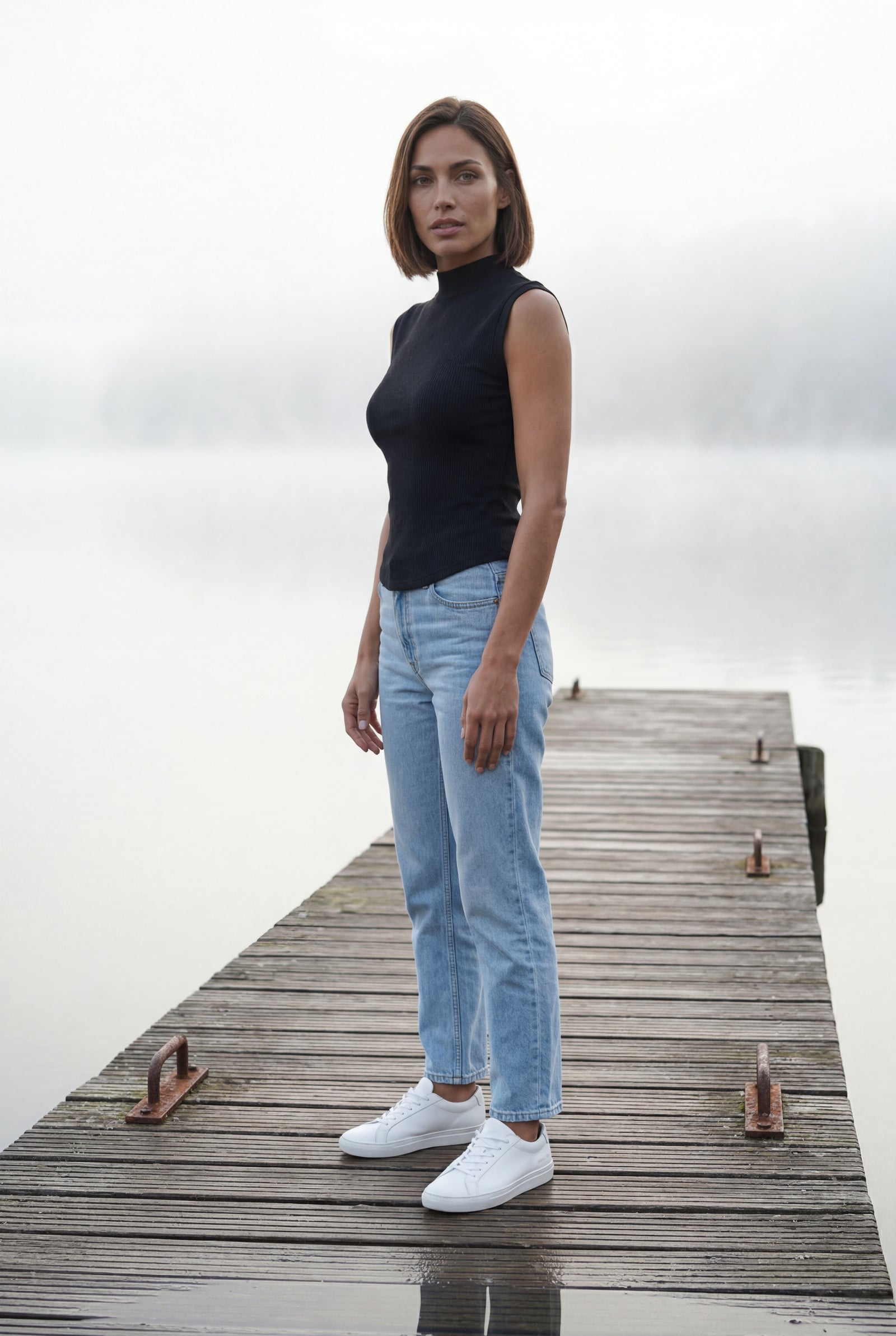 Black Ribbed Mock Neck Sleeveless Top with Curved Hem - Mock neck tops - Photo 5