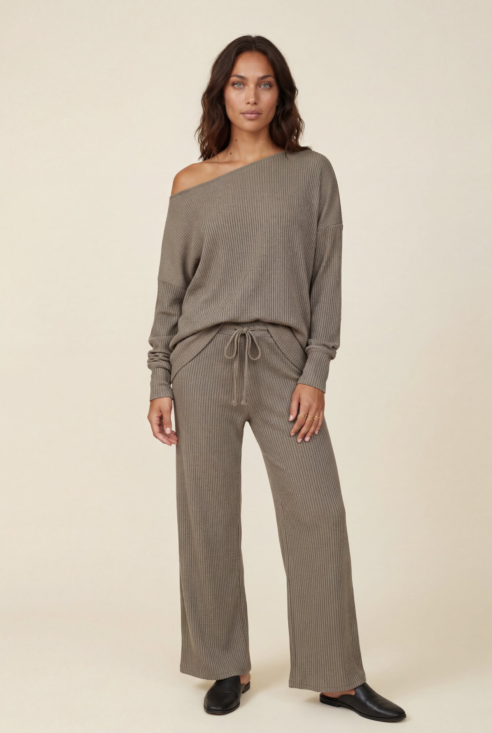 Gray Ribbed Off-shoulder Lounge Set with Wide-leg Pants - Photo 3