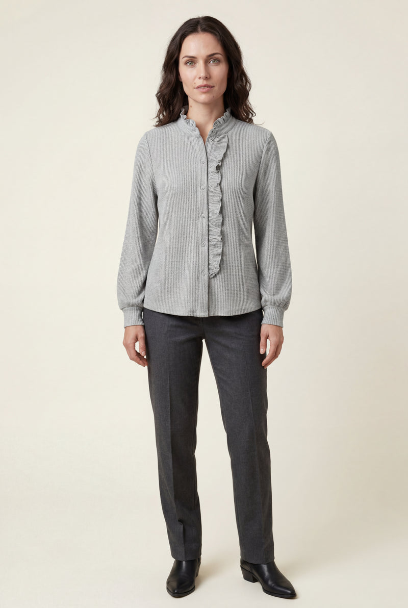 Gray Ruffle Trim Vertical Stripe Button-front Blouse - Blouses - Photo 3