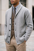 Shawl Collar Knit Cardigan in Gray — studio front
