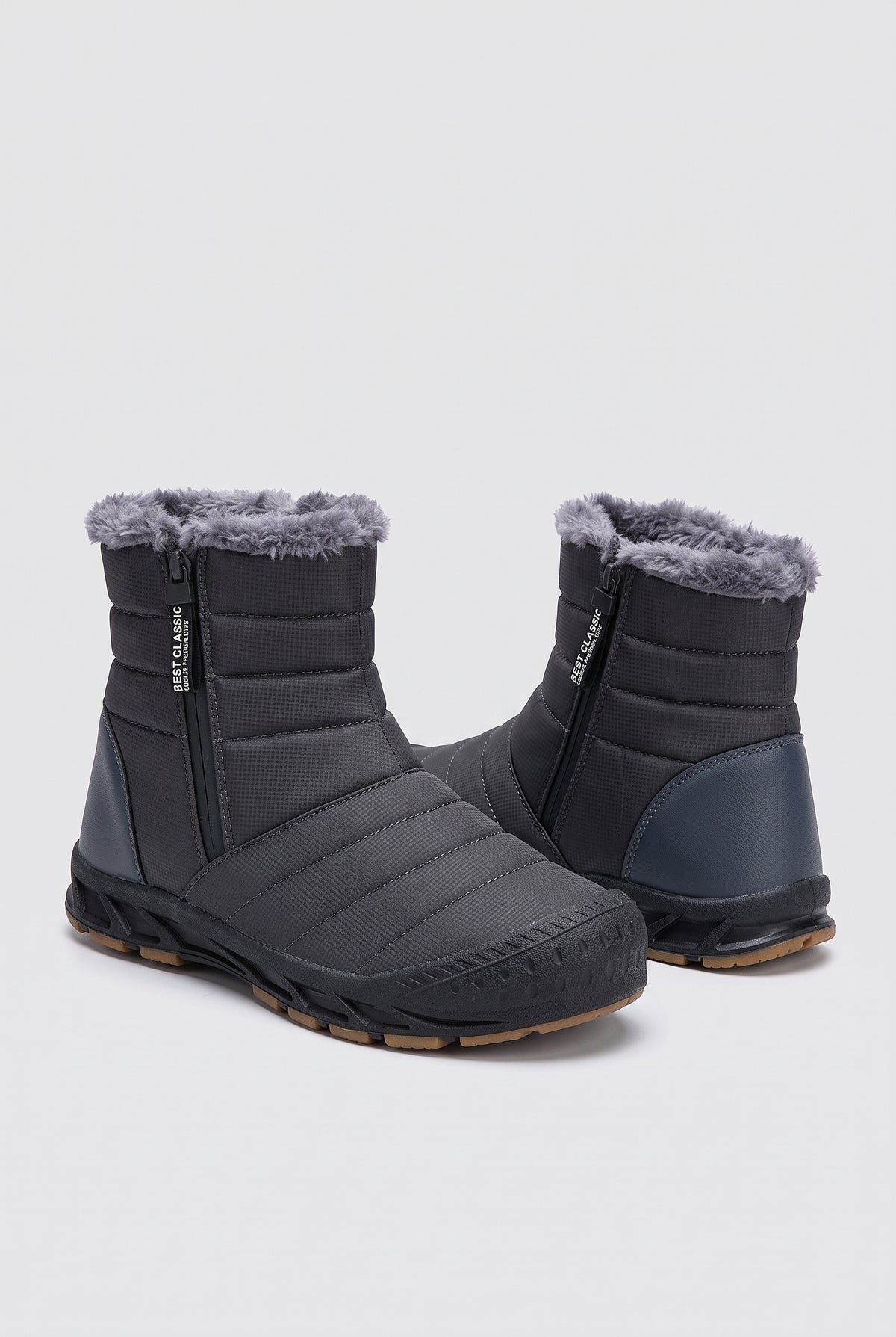Side-Zip Insulated Snow Boots in Gray — studio front