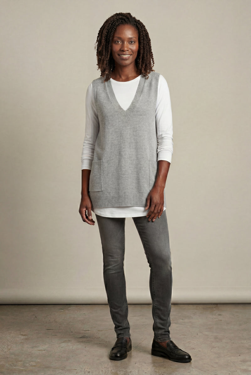 Gray Sleeveless V-neck Cardigan Dress with Pocket - Sleeveless cardigan - Photo 5