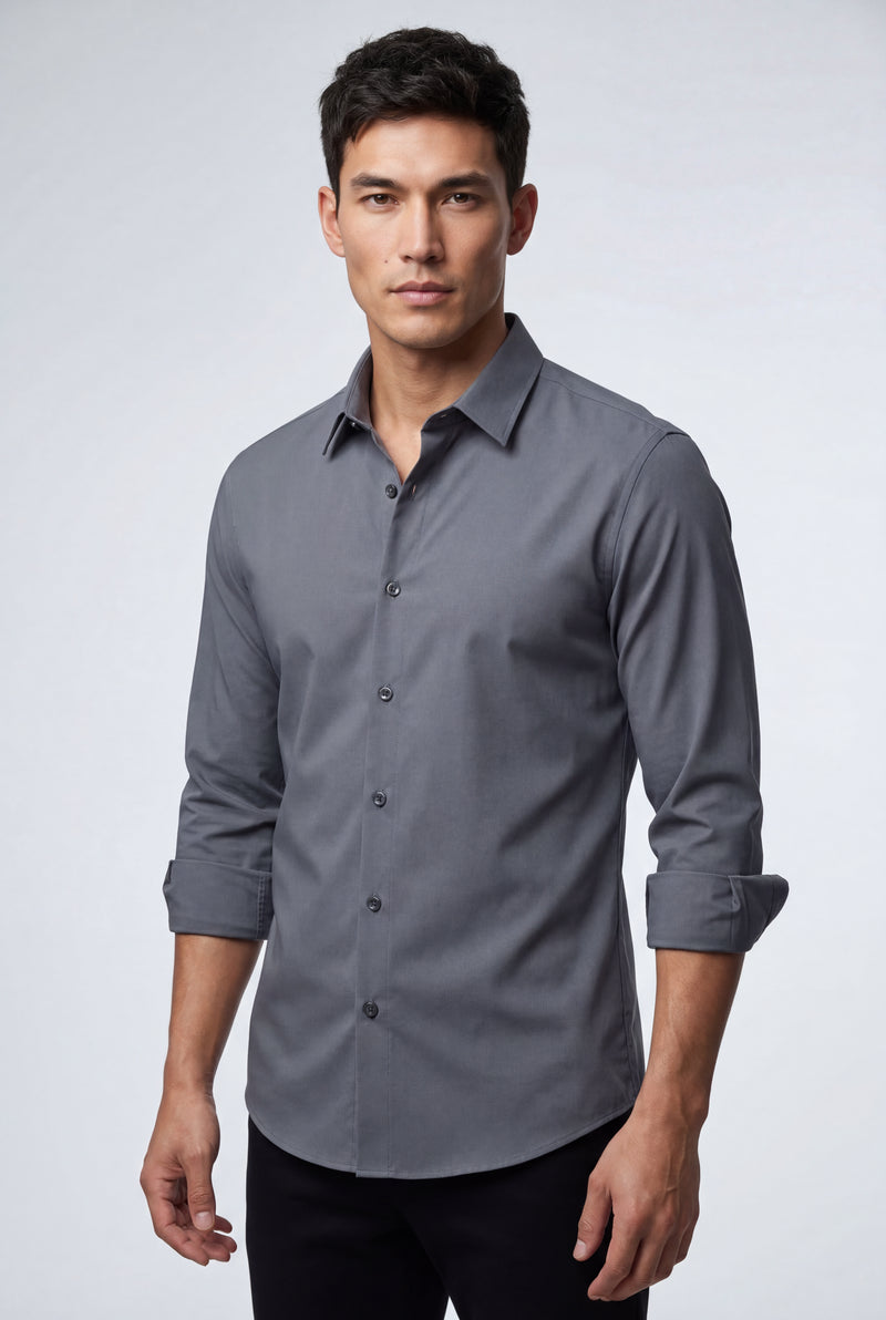 Gray Slim Fit Classic Collar Long Sleeve Button-up Shirt - Casual Shirts - Photo 1