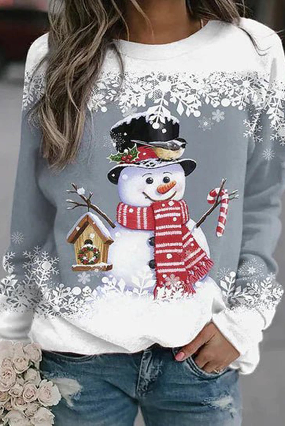 Snowman Graphic Sweater in Gray — front view