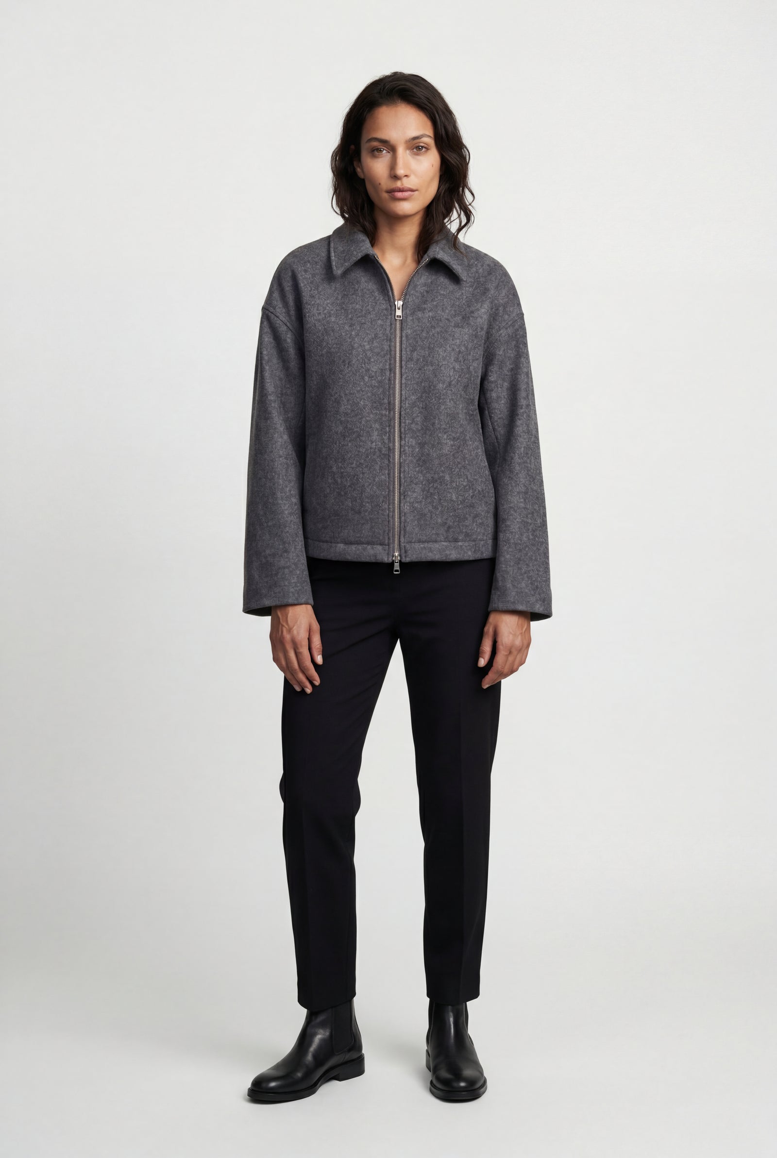 Gray Structured Zip-up Boxy Collared Jacket - Zip up jacket - Photo 3