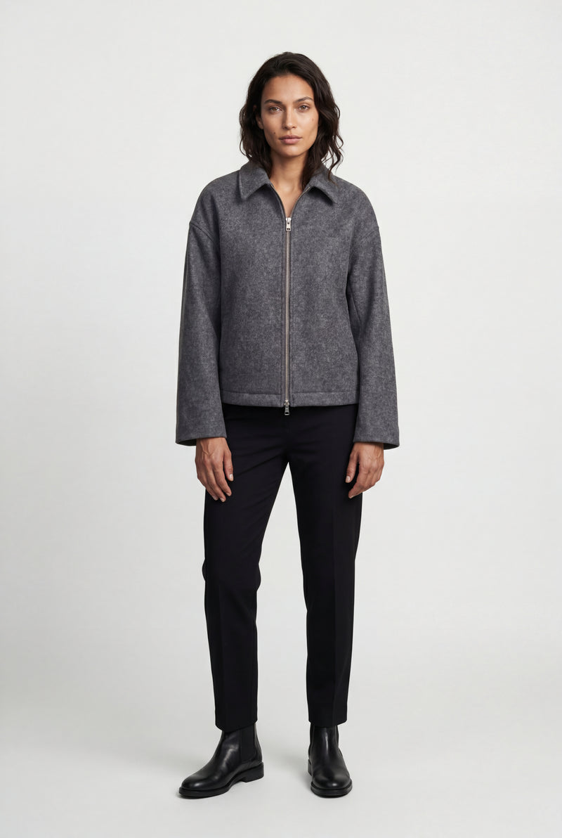 Gray Structured Zip-up Boxy Collared Jacket - Zip up jacket - Photo 3