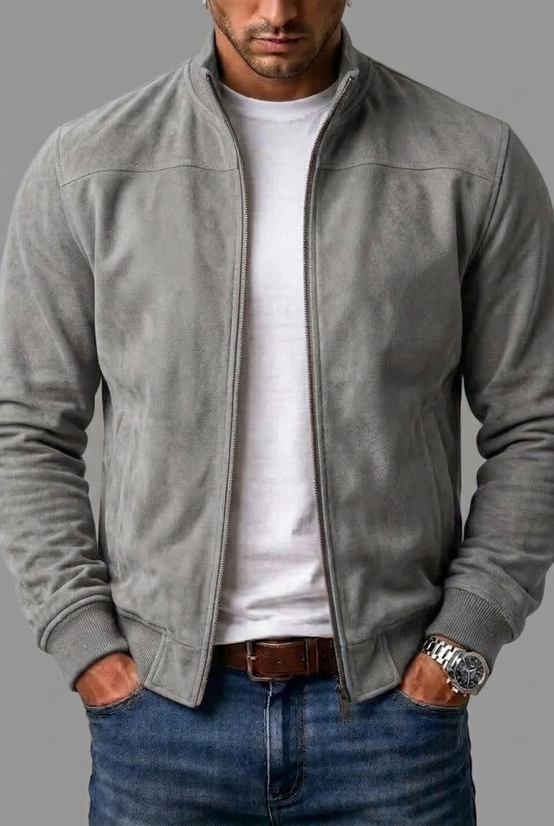 Suede Bomber Jacket in Gray — front view
